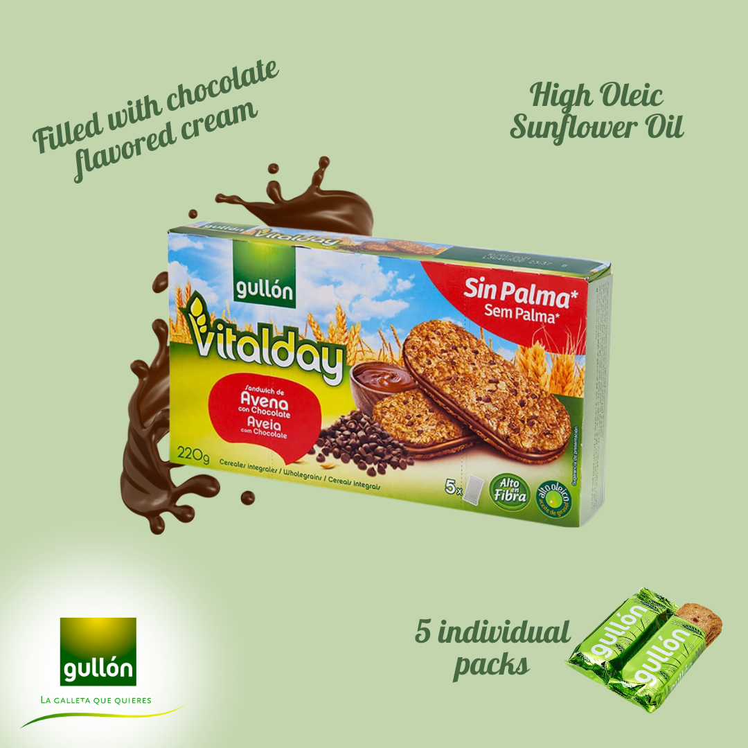 Gullón Vitalday Breakfast Chocolate Biscuits with Whole Grains, Baked, 7.76oz., 5 Count