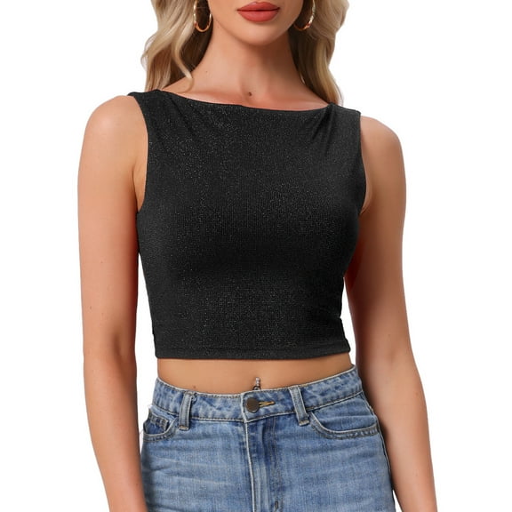 DARING DIVA Women's Glitter Vest Boat Neck Sleeveless Casual Outfit XS Black