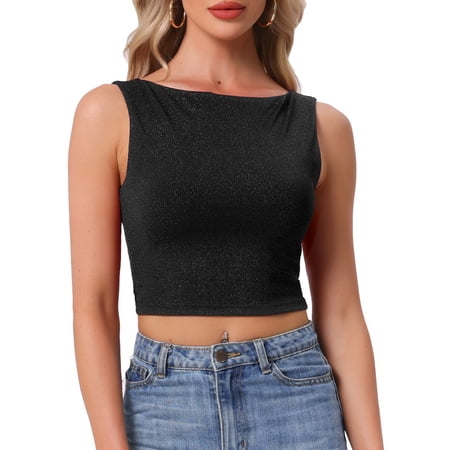 DARING DIVA Women s Glitter Vest Boat Neck Sleeveless Casual Outfit S Black