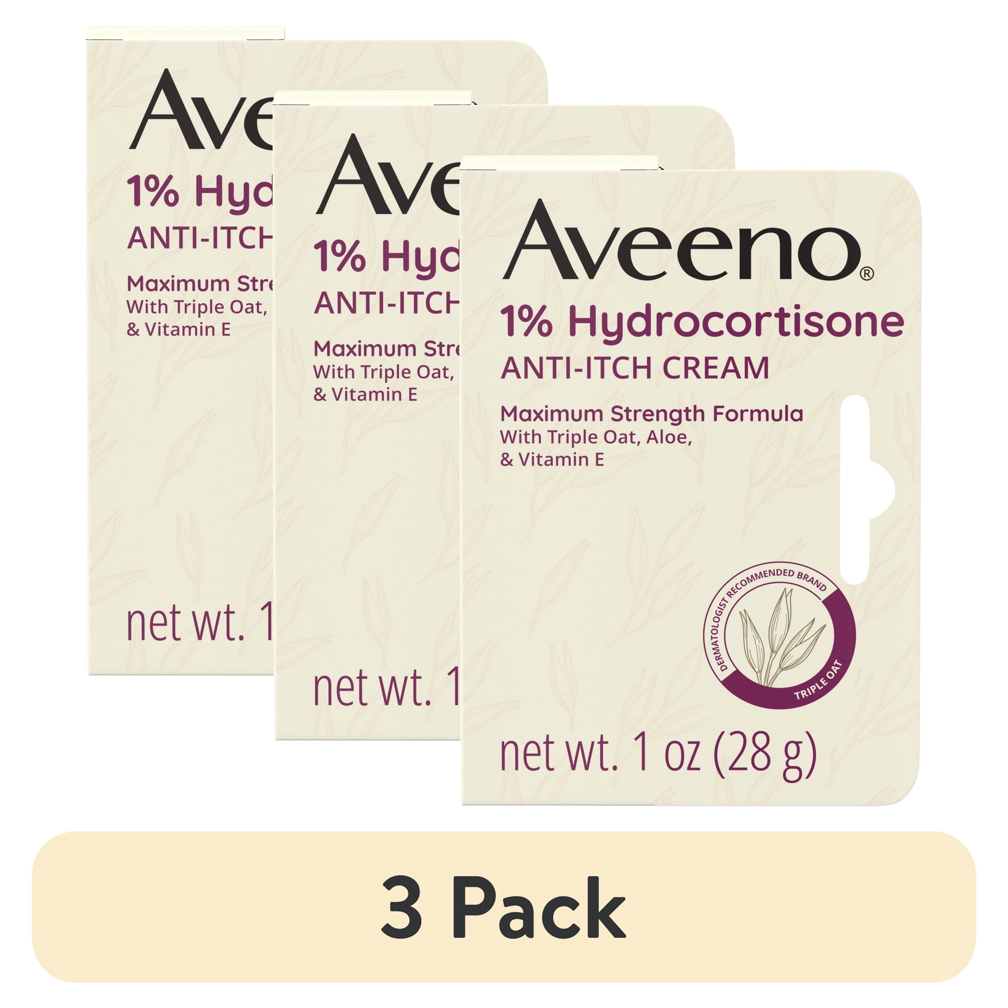(3 pack) Aveeno Maximum Strength 1% Hydrocortisone Anti-Itch Relief Cream, 1 oz