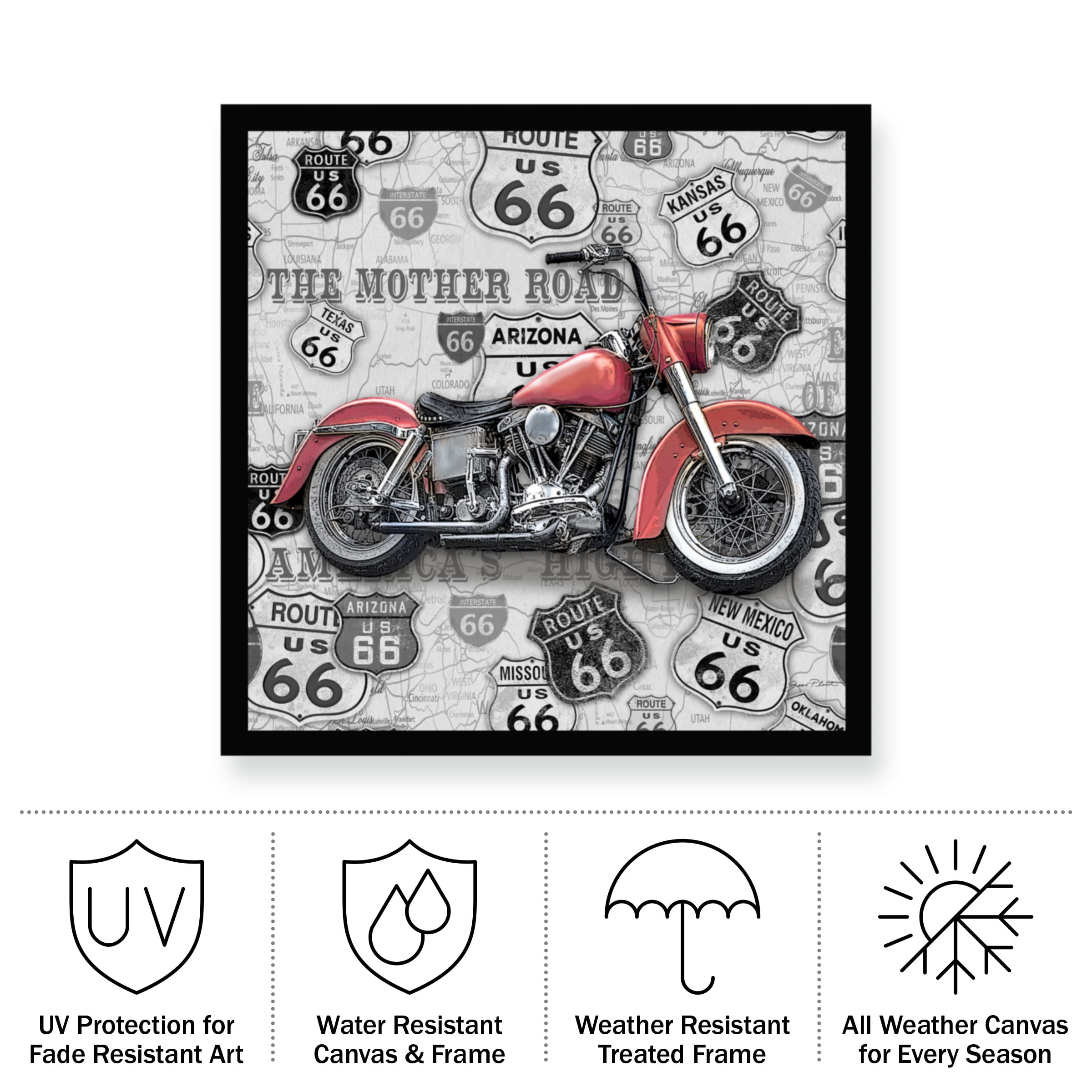 Jean Plout 'Vintage Motorcycles On Route 66 6' Outdoor Canvas 24x24