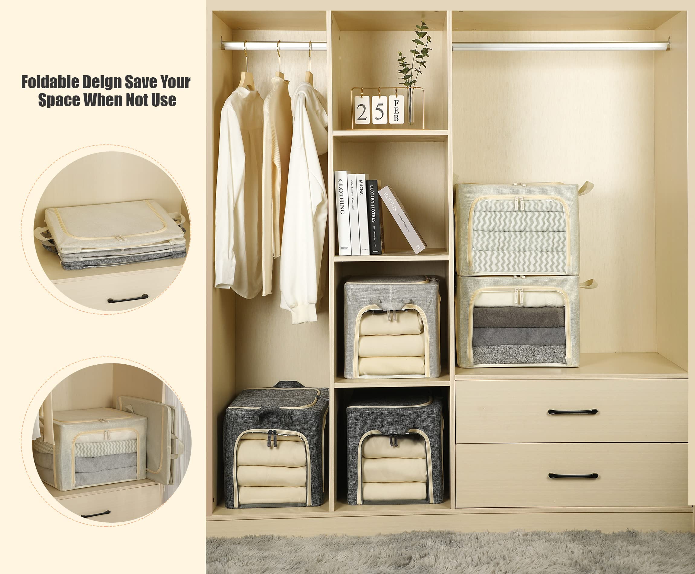 3 Pack Beige Linen Fabric 66L Stackable Storage Bins, Closet Organizer with Lid, Clear Window & Handles for Clothes, Bedding & Linen