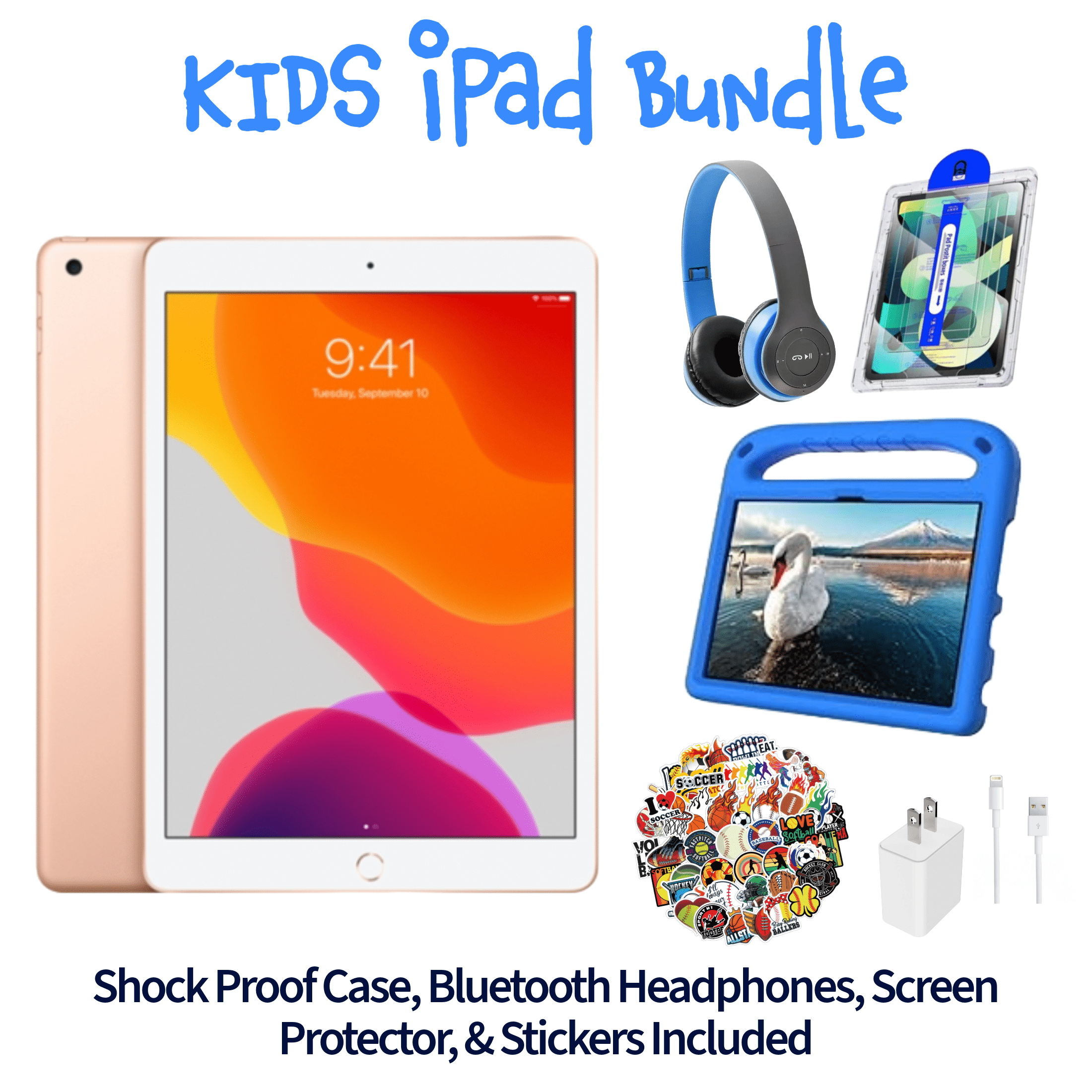 Restored Apple iPad 7 Kid's Bundle - 10.2" 128GB Gold (Wi-Fi) - Shock Proof Case, Bluetooth Headphones, Screen Protector, Kid's Stickers, and Charger Included (Refurbished)