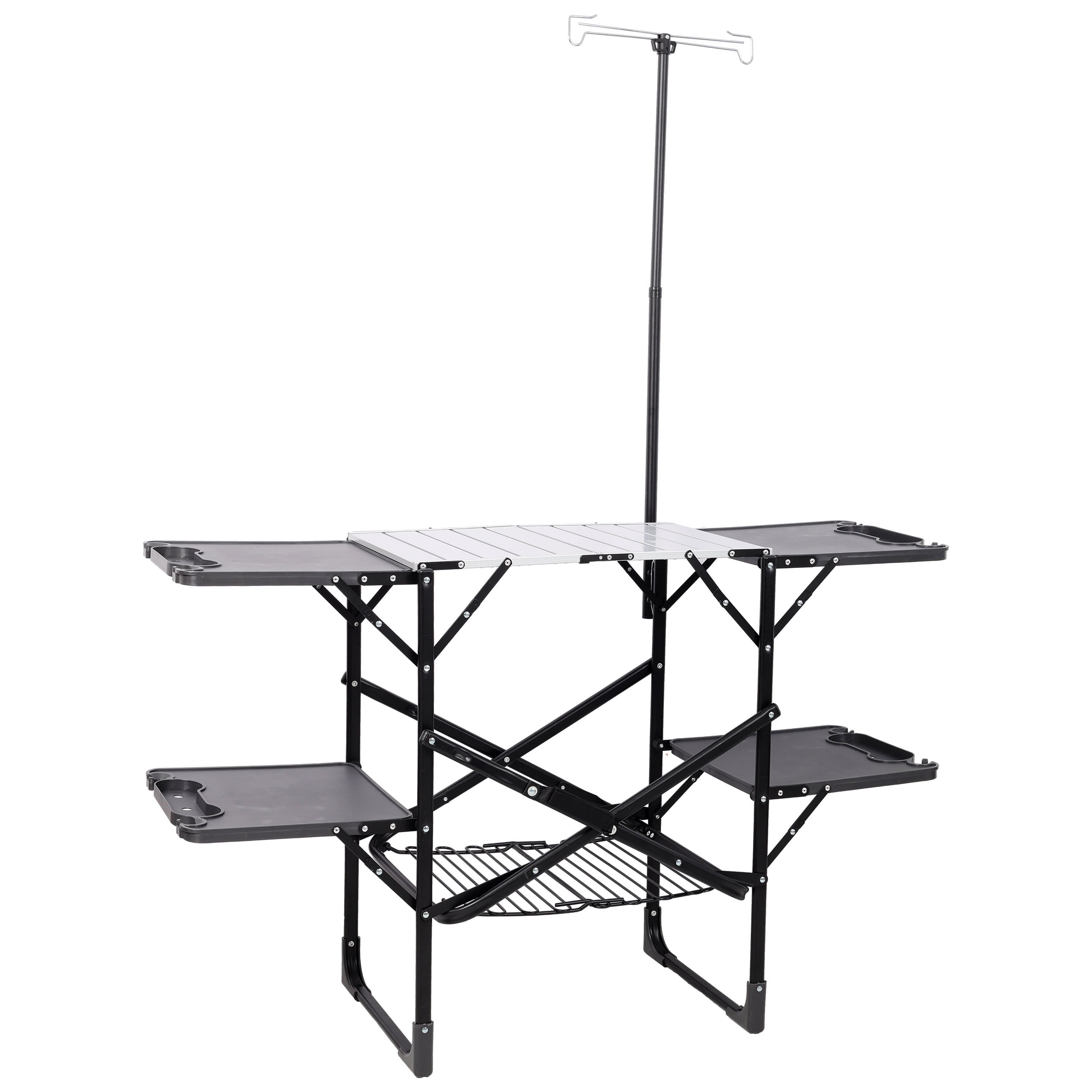 Folding Camping Kitchen Table, Portable Outdoor Cooking Station with Heat Resistant Top, 4 Side Tables, Storage Rack & Lamp Post for Picnics & Camping Trips
