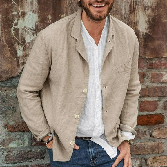 Handshe Men's Stylish Cotton - Linen - Like Solid Long - Sleeve Turndown Collar Casual Blazer