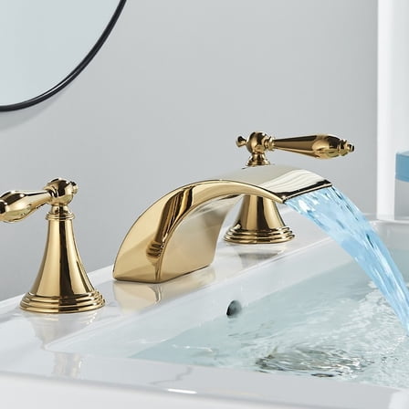 Gold Waterfall 3 Hole 2 Handle Bathroom Sink Faucet LED Basin Vanity Mixer Tap For Daily Life