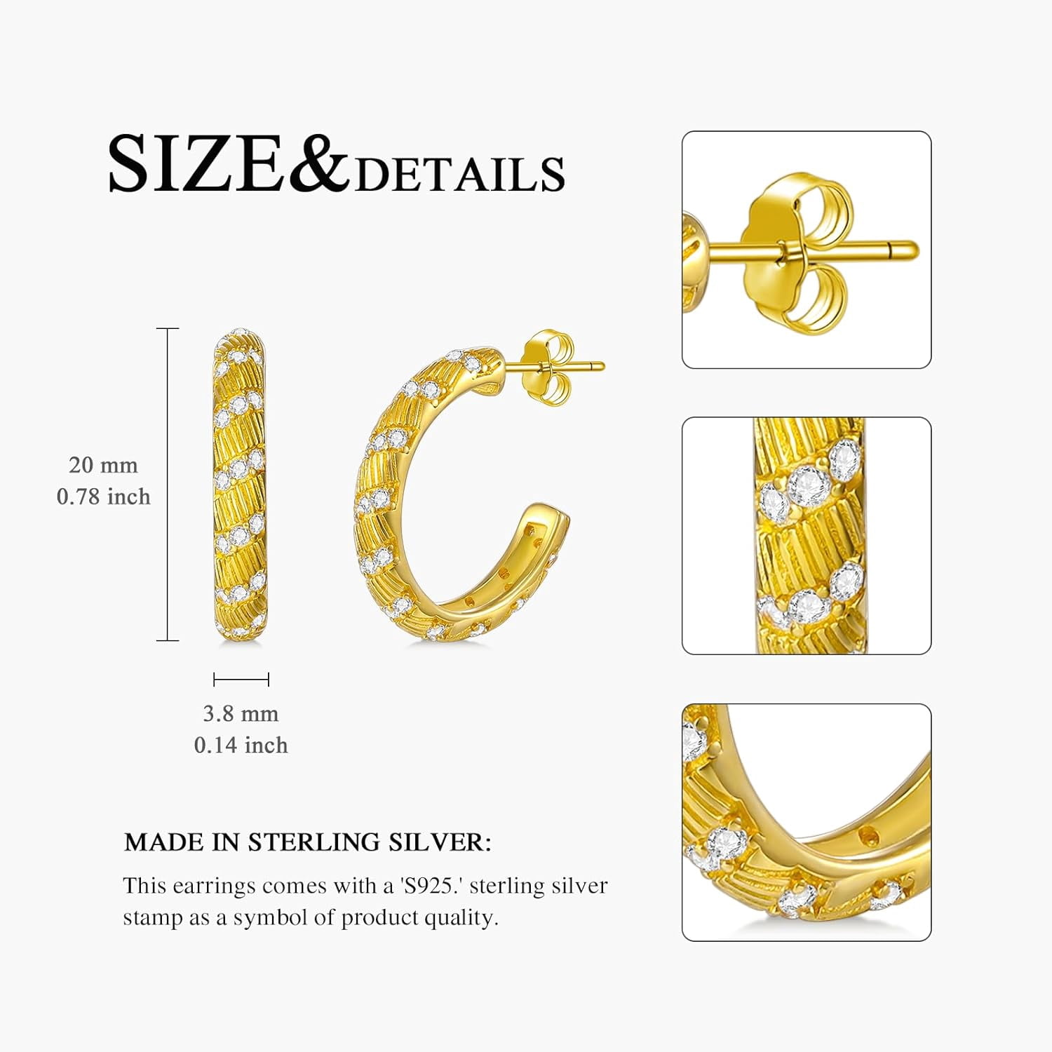 AOBOCO Small Modern Bohemian Open Hoop CZ Earrings for Women 925 Sterling Silver Post Back Hoops Earring Cubic Zirconia Hoop Earrings 14K Gold/White Gold Plating