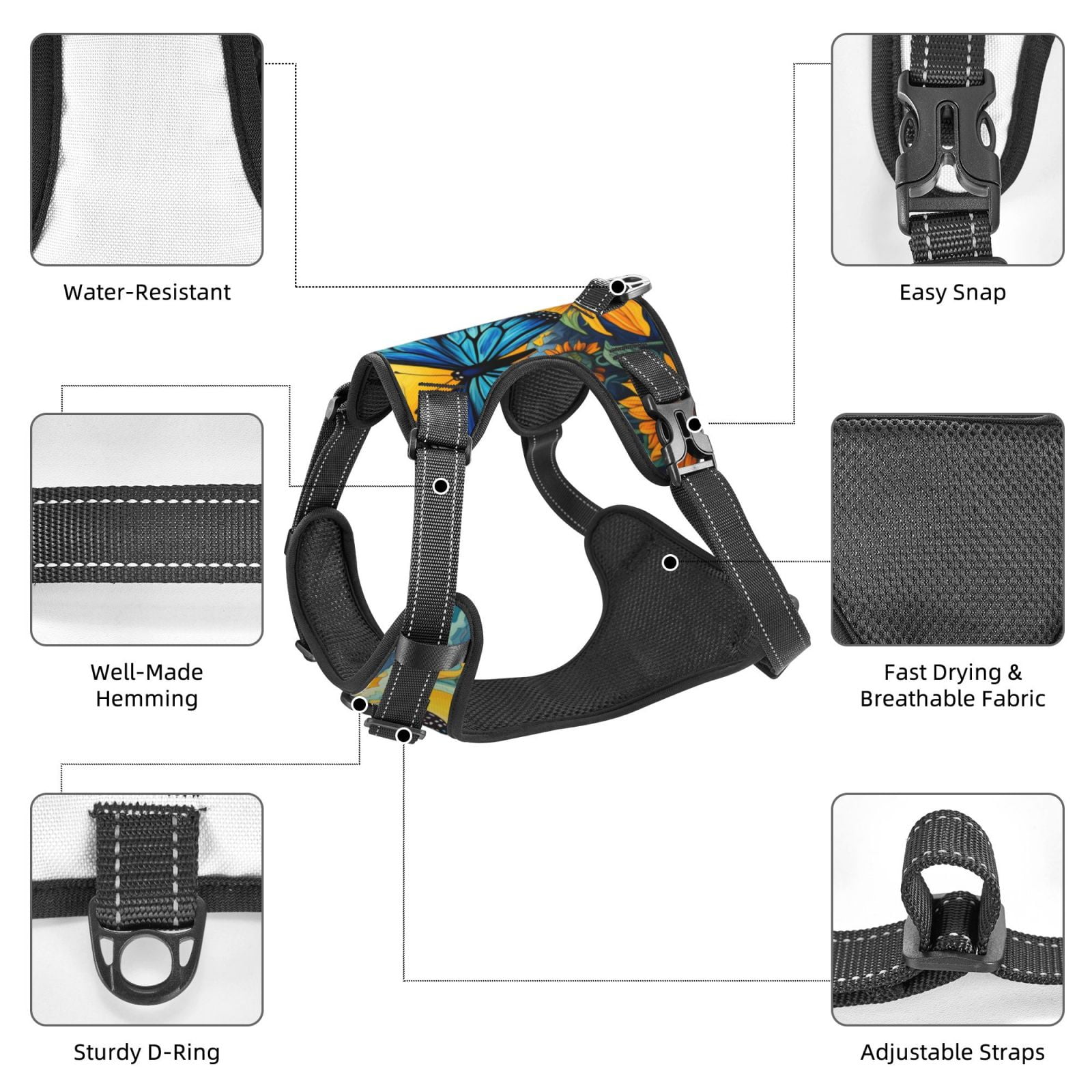 Kdxio Colorful Cloud Butterfly Sunflower Print No Pull Dog Harness Adjustable Reflective Oxford Easy Control Medium Large Dog Harness for Training and Everyday-X-Large