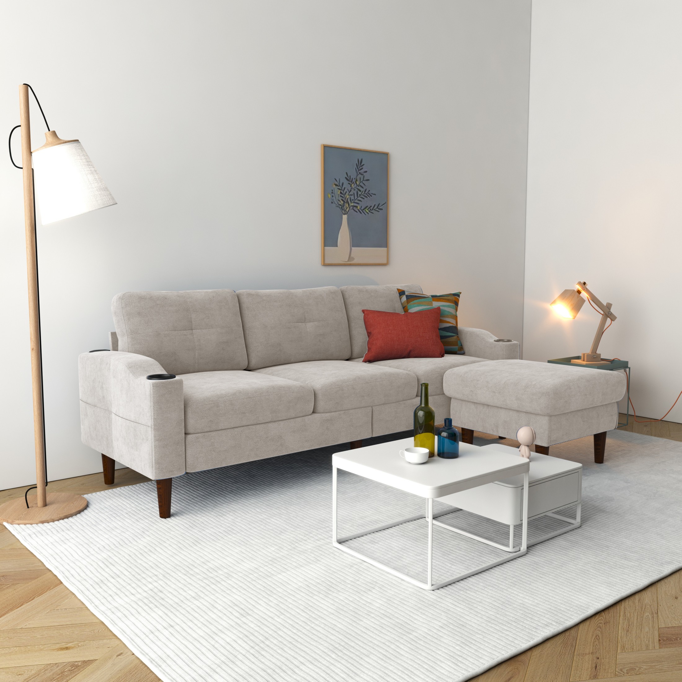 Aukfa Modular L-Shaped 3-Seater Sectional Sofa with Storage Ottoman, USB Ports and Cup Holders, 78" Couch for Living Room, Beige