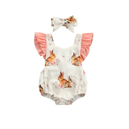 

Biekopu Baby Girl Two Piece Set Floral Rabbit Pattern Print Fly Sleeve Romper Crotch Snap Buttons Headband Suit