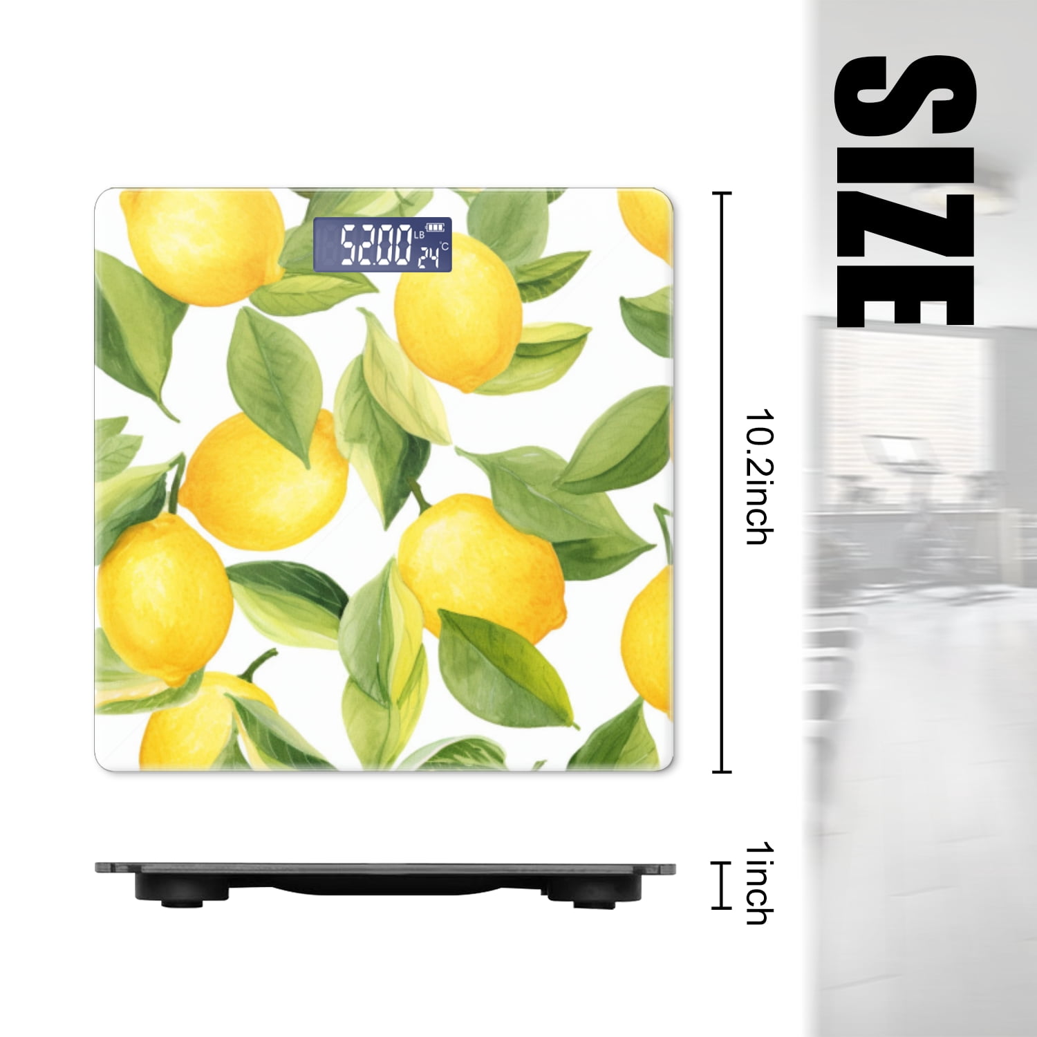 High Precision Body Weight Scale Smart Bathroom Scales with Large LCD Display(400lbs),Decorative for Bedroom-Lemon-Themed Watercolor Pattern On White Background