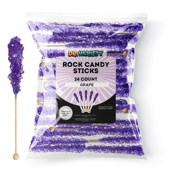 Purple Rock Candy Sticks – Grape Flavor, 24 Pack Bulk Individually Wrapped Sugar Crystals for Party Favors, Weddings, Baby & Bridal Showers – By Dr. Variety