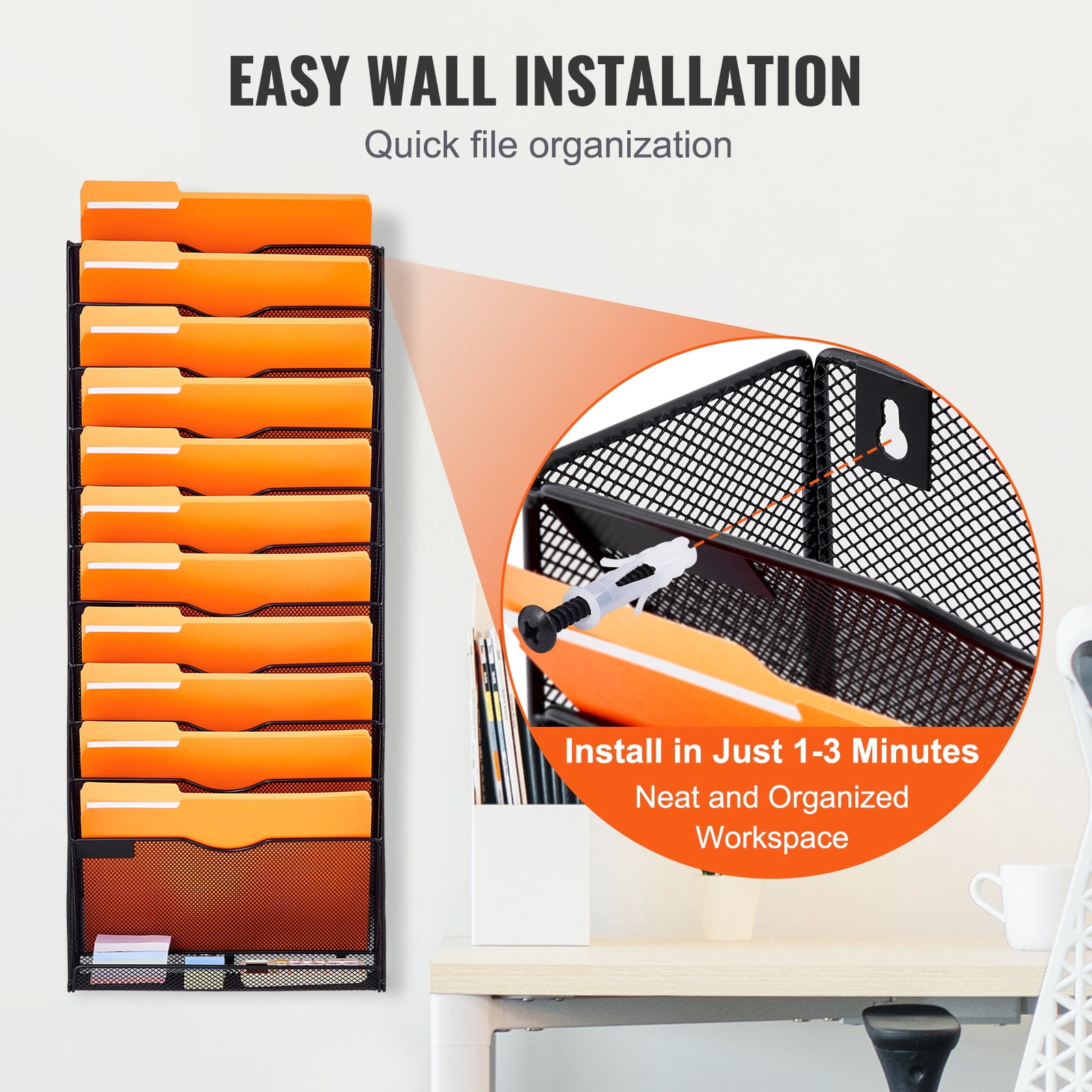 KFFKFFWall File Rack, 12-Slot Single Piece Mesh Wall Organizer, Metal Magazine, Mail, Document & Paper Storage Holder, Wall Attachable with Name Label, Ideal for Office, Home & School Use