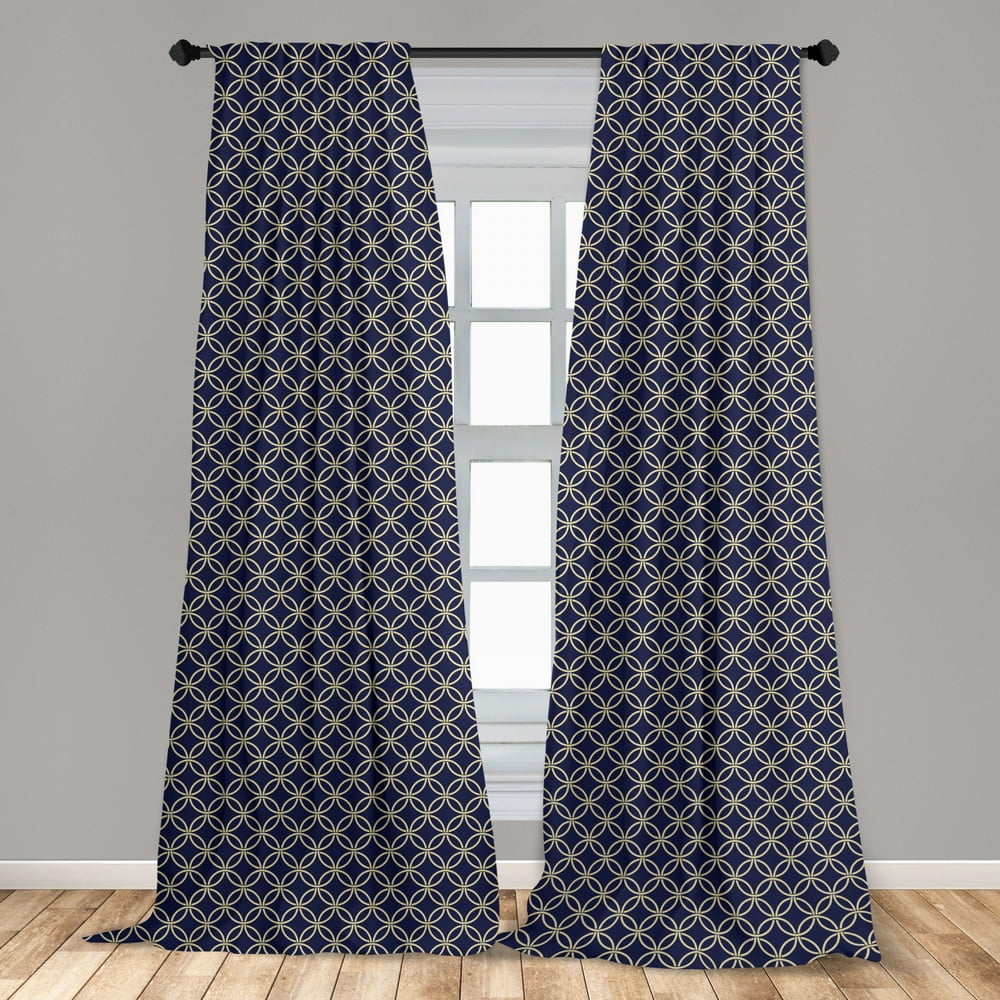 Navy Blue Curtains 2 Panels Set, Oriental Retro Round Entangled Ring