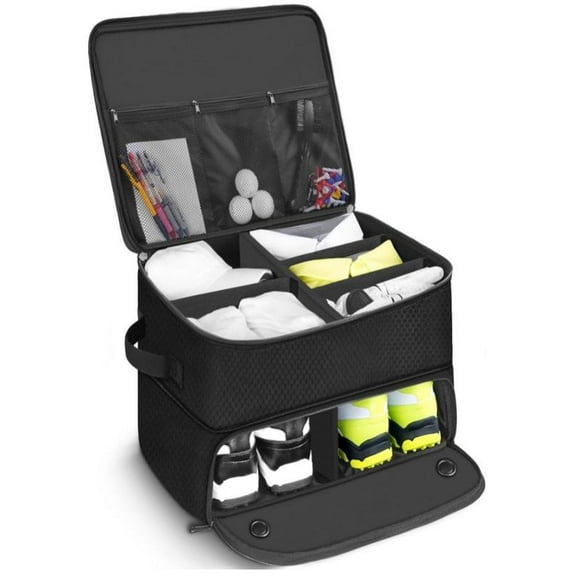 2 Layer Golf Trunk Organizer, Car Golf Locker with Separate Ventilated Compartment for 2 Pair Shoes, Golf Trunk Storage for Balls, Tees, Clothes, Gloves, Accessories, Golf Gifts for Men