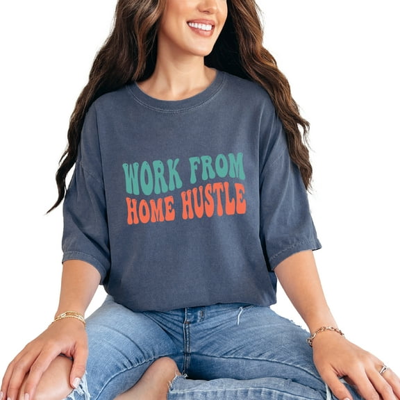 Work From Home Hustle, Remote Worker Quote, Groovy Retro Wavy Text, Denim Comfort Colors T-Shirt, Small