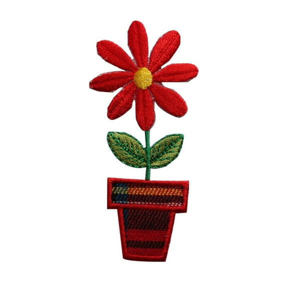 ID 7030 Plaid Pot Red Daisy Flower Patch Garden Embroidered Iron On Applique
