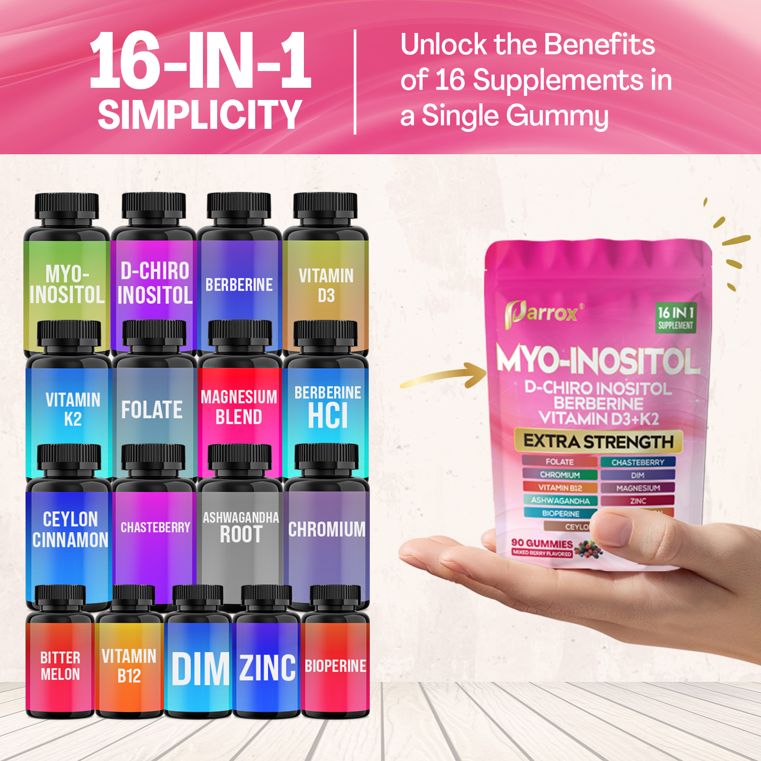 Parrox Myo-Inositol & D-Chiro Inositol Gummies with Berberine, Vitamins D3 K2 B12, Folate, Zinc, Magnesium, Ashwagandha, Chasteberry, BioPerine & DIM – 16-in-1 Mixed Berry Supplement – 90 Gummies