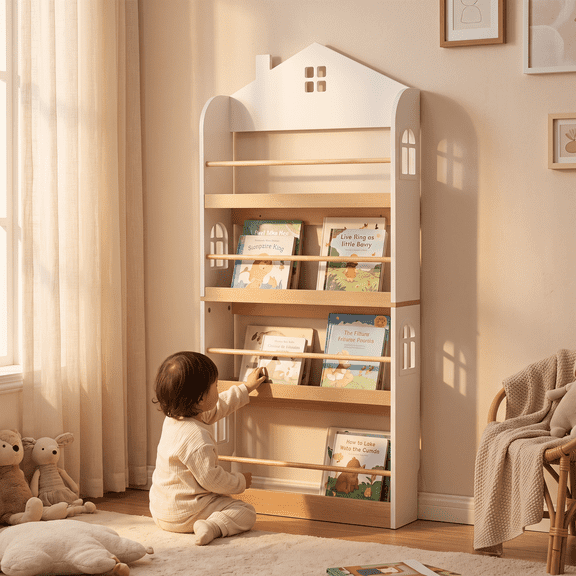 PAWON Kids Bookshelf Wall Mounted, 4-Tier Wooden Book Storage Organizer Nursery Bookcase, White