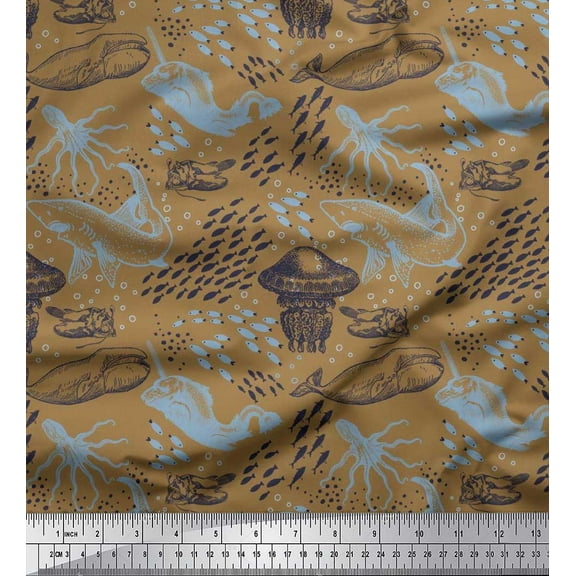 Soimoi Cotton Duck Fabric Octopus,Whale & Jellyfish Ocean Printed Craft Fabric by The Yard 42 Inch Wide