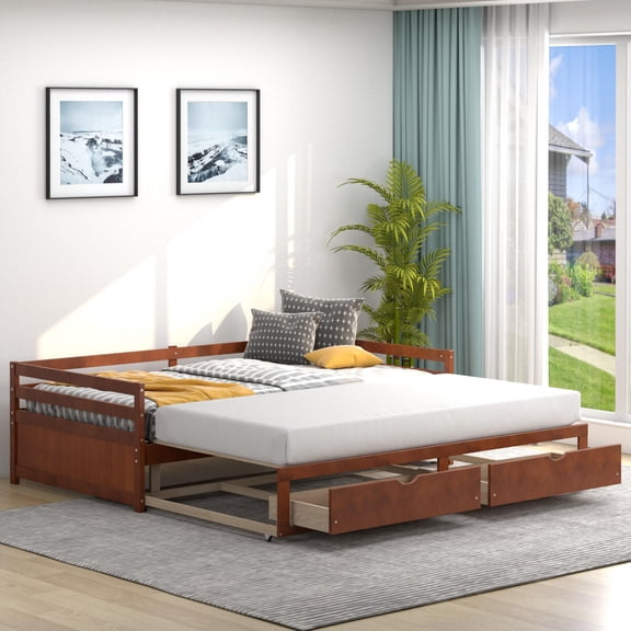 Extendable Twin to King Daybed with Trundle, 2 Storage Drawers, Wood Frame, Wood Slats