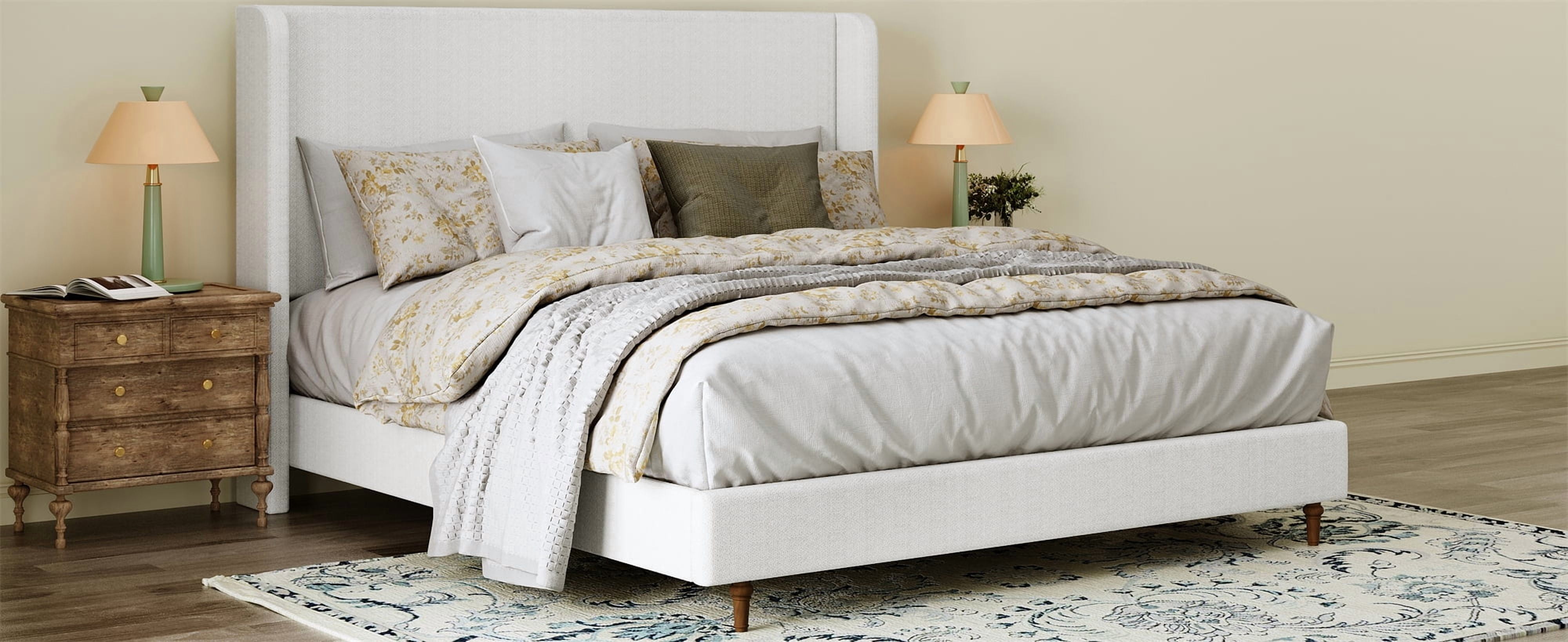 King Size Bed Frame High Headboard Upholstered Platform Bed, Retro Simple Style Platform Bed No Box Spring Needed, Easy Assembly, Ivory