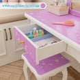 thumbnail image 6 of JOYMOR Kids Vanity Set, Wooden Princess Makeup Table with Stool, Tri-Fold Mirror, Large Drawer & Solid Wood Legs, Pretend Play Dresser Gift for Girls (Purple), 6 of 8