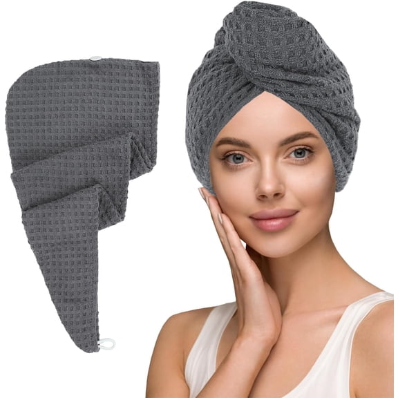Hair Towel Terry Cloth Absorbent Dry Anti Frizz Twist Plopping Curly Shower for Women Wet Hair 1Pack Grey Waffle Long Hair Head Wraps Quick Dry Hair Drying Towels Button