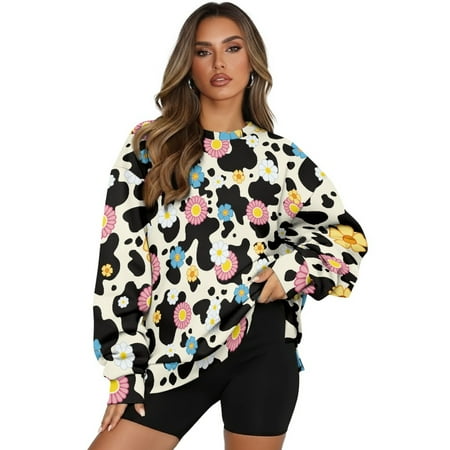 SCRAWLGOD Cow Print Daisy Floral Print Black Beige Womens Casual Sweatshirts Long Sleeve Round Neck Sweatshirt Tops with Pocket Fashion Oversized Comfortable Clothing for Daily Wear 3XL