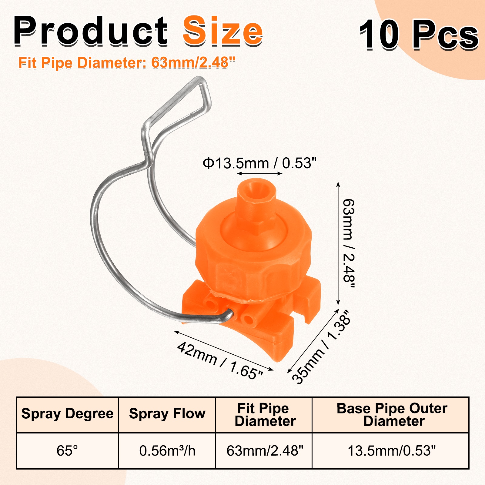 10Pack 65 Degree Spray Nozzle with Clip Fit 63mm/2.5" Hose, 0.56m³/h