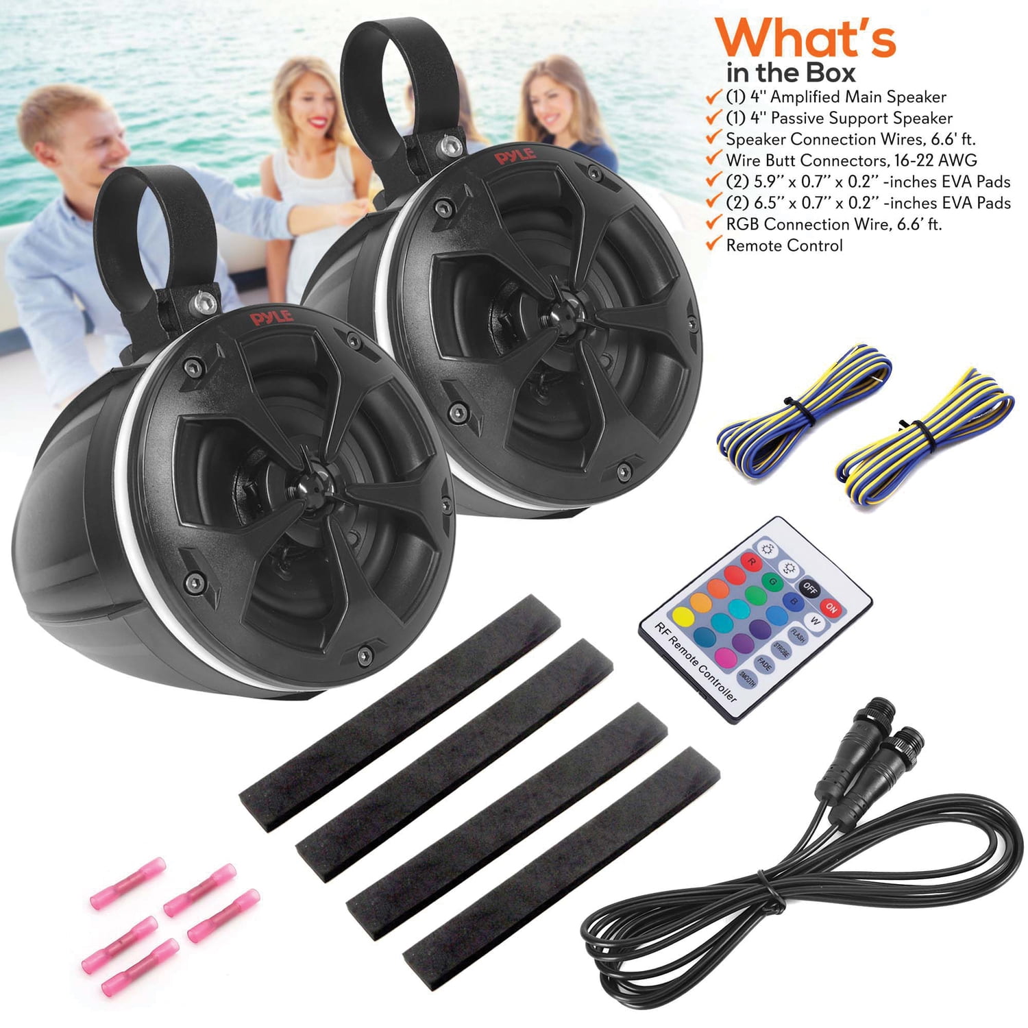 Pyle PLUTV45BTR - Pyle PLUTV45BTR - 4’’ Waterproof Rated Off-Road Wire-less Speakers - 800 Watt Amplified Vehicle Speaker System for ATV, UTV, 4x4, Jeep with RGB Lights & Remote Control