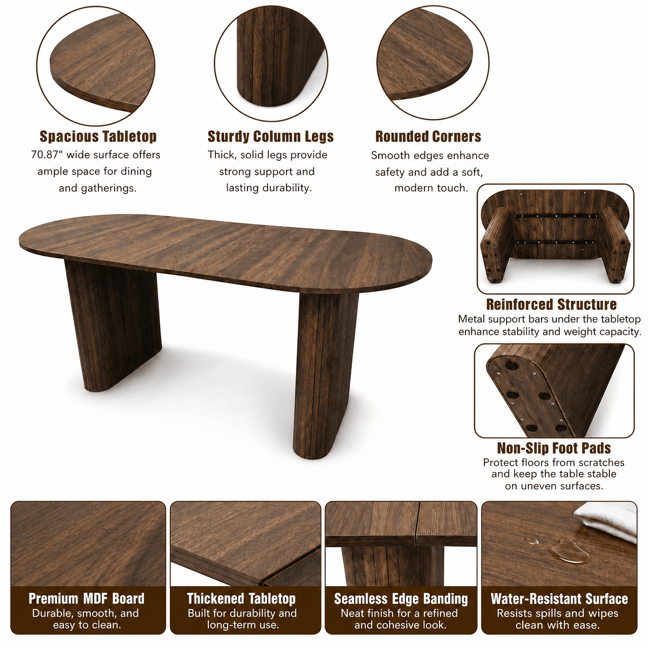 Oval Dining Table 70.87 Inch, Farmhouse Kitchen Table with Wood Strip Metal Base and Rounded Edges, Living Room and Reception Furniture, Walnut Brown