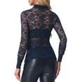 thumbnail image 3 of INSPIRE CHIC Women's Turtleneck Long Sleeve Mesh Semi Sheer Lace Floral Blouse Top M Dark Blue, 3 of 6