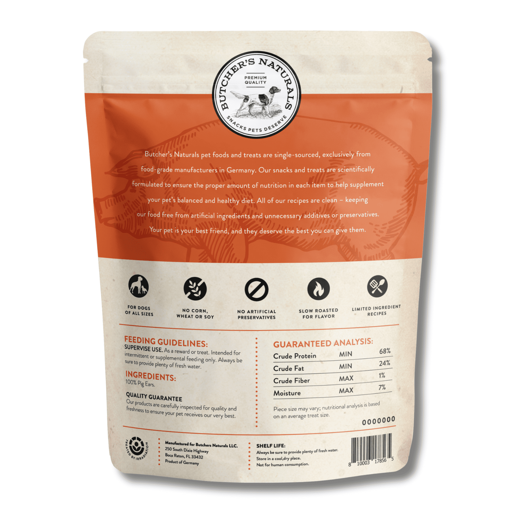 Butcher's Naturals Pork Flavored Pig Ears Dog Treats, 10 Pieces