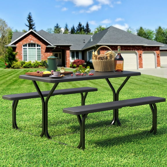 Dextrus 6ft Folding Picnic Table Heavy Duty Outdoor Picnic Table and Bench Resin Tabletop & Stable Steel Frame w/Umbrella Hole for Yard Patio Lawn Party Black