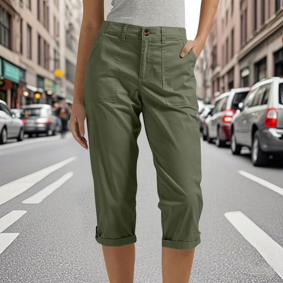 Womens Bermuda Shorts Slim Fit Cargo Capris Slim Fit Casual Work Pants with Button Zipper Pockets