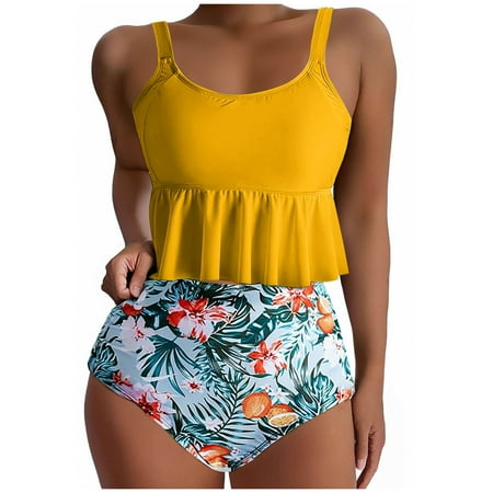 Taqqpue Beach Vacation Swim Suits for Women 2025 Tankini Swimsuits High Waisted Bikini Sets Two Piece Swimsuits Tummy Control Bottun Ruffled Flounce Tops Scoop Neck Cheeky Bathing Suits