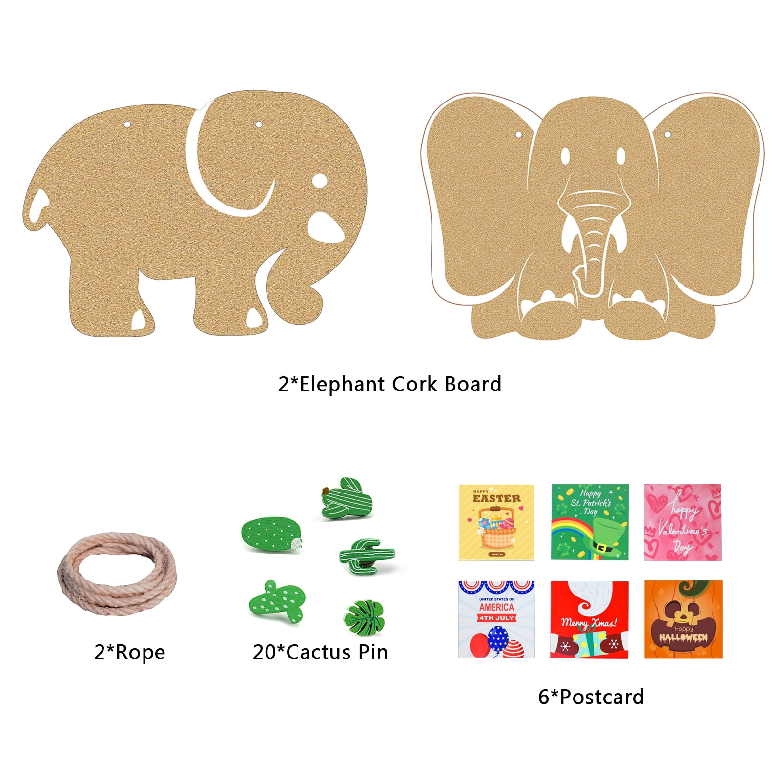 SHOOFFICE Elephant Cork Bulletin Board 2 Pack, 16.5" x 12" Hanging Pin Boards for Walls, Frameless Picture Board with 20Pcs Wooden Pushpins for Office Home Wall Decor