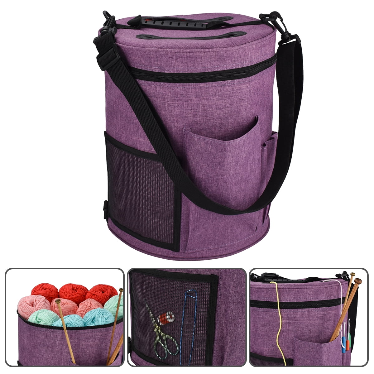 Ghopy Crochet Bag Knitting Bag Yarn Storage with Multi-Pockets Barrel-Shaped Handle Strap Knitting Storage Bag Portable Yarn Knitting Organizer Bag for Hooks Needles Yarn Skeins
