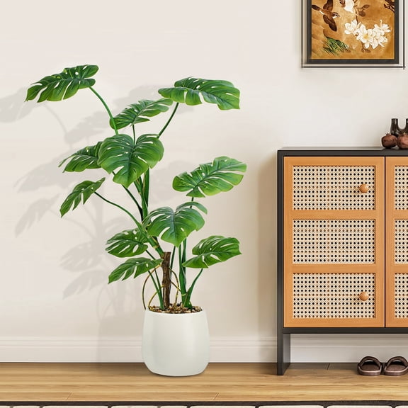 4FT Artificial Monstera Deliciosa Plant, Faux Tropical Palm Tree with White Planter, Fake Potted Floor Plant, Artificial Tree for Home Office Living Room Indoor Decor