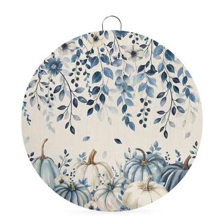 Welcome Sign for Front Door Vintage Fall Blue Round Metal Wall Art Wreaths Thanksgiving Botanical Pumpkins Rustic Outdoor Indoor Wall Hanging Sign for Porch Decor Housewarming Gifts 5.9 Inch