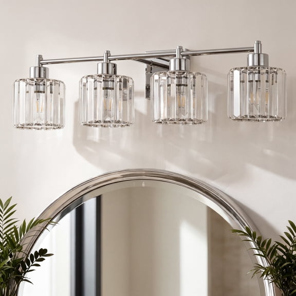 Deyidn Modern 4-Light Bathroom Vanity Light with Crystal Shades, 31 Inch Chrome Dimmable Light Fixture for Mirror