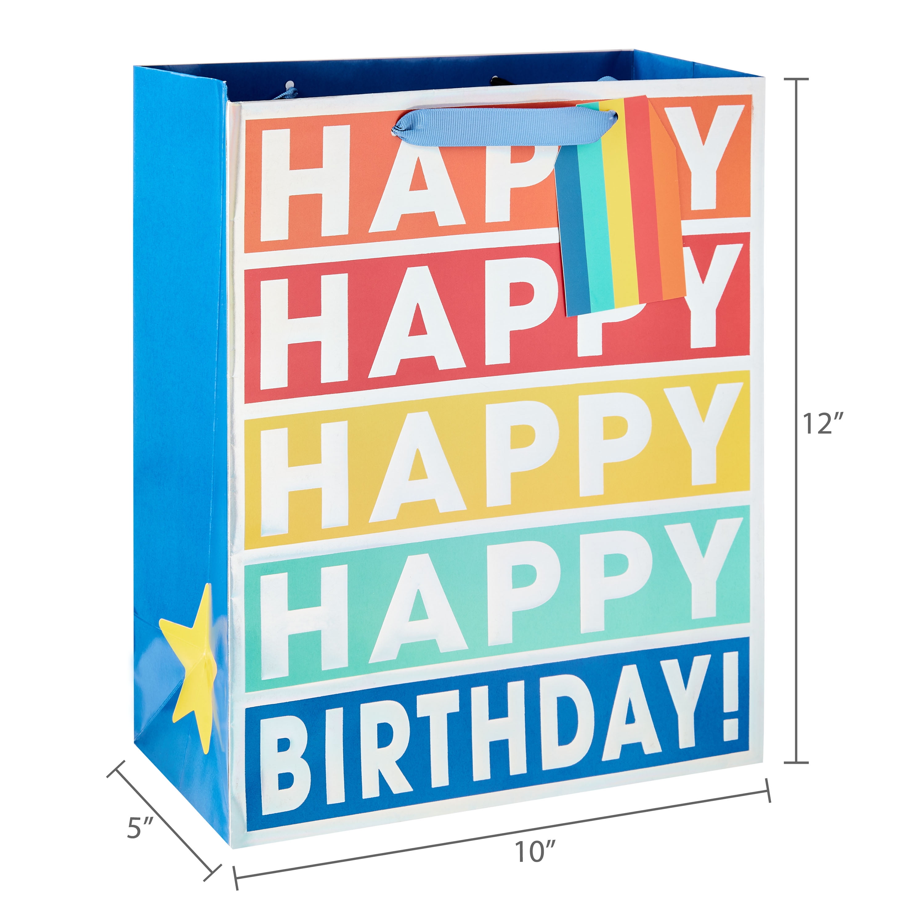 Large Multicolor Rainbow Happy Birthday Gift Bag, 10" x 12", by Way To Celebrate