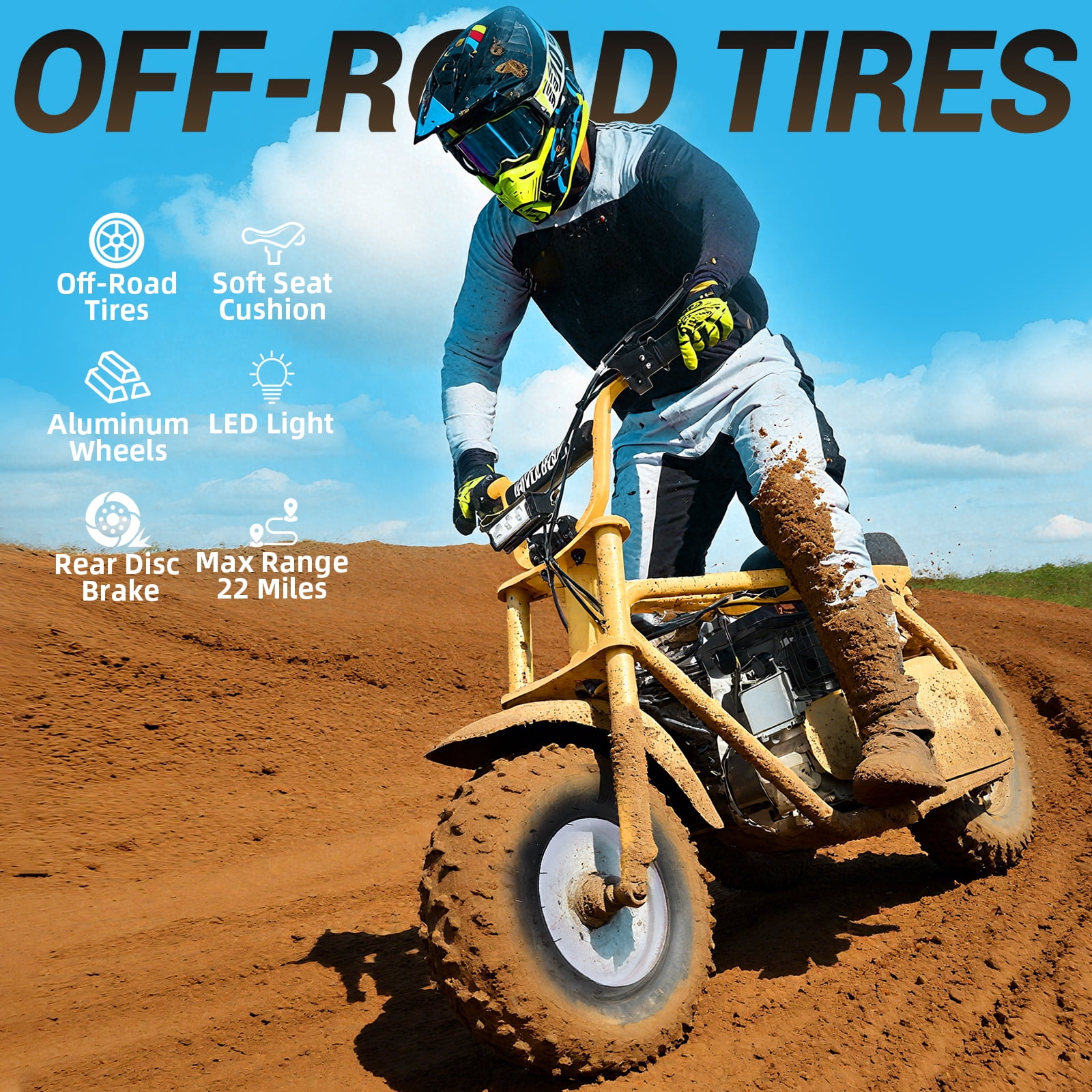 Aoemoe MB001 Gas Powered Mini Dirt Bike 99CC for Teens and Adults, 22MPH Off Road Motorcycle, Weight Support Up to 200 LBS - Yellow