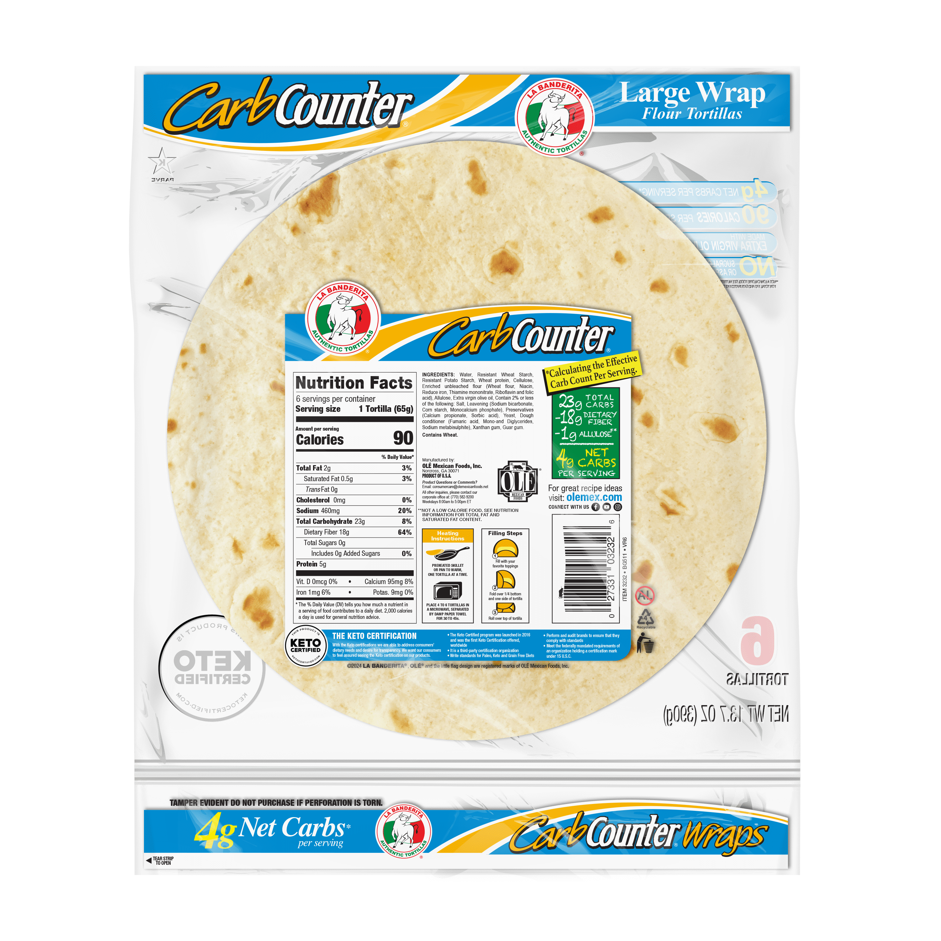 La Banderita Carb Counter Large Soft Flour Tortillas, 13.7 oz, 6 Count