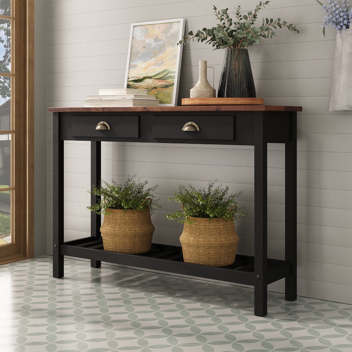 OSHOME Solid Pine Farmhouse Console Table with 2 Drawers and Shelf – Entryway Hall Table, Harvest Black & Distressed Brown Top