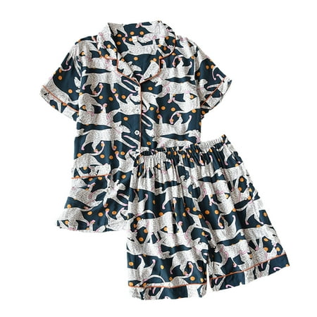 

Women s Cotton Pajama Set Casual Printed Short Sleeve Lapel Button Down Tops and Shorts Set Sleepwear with Pockets