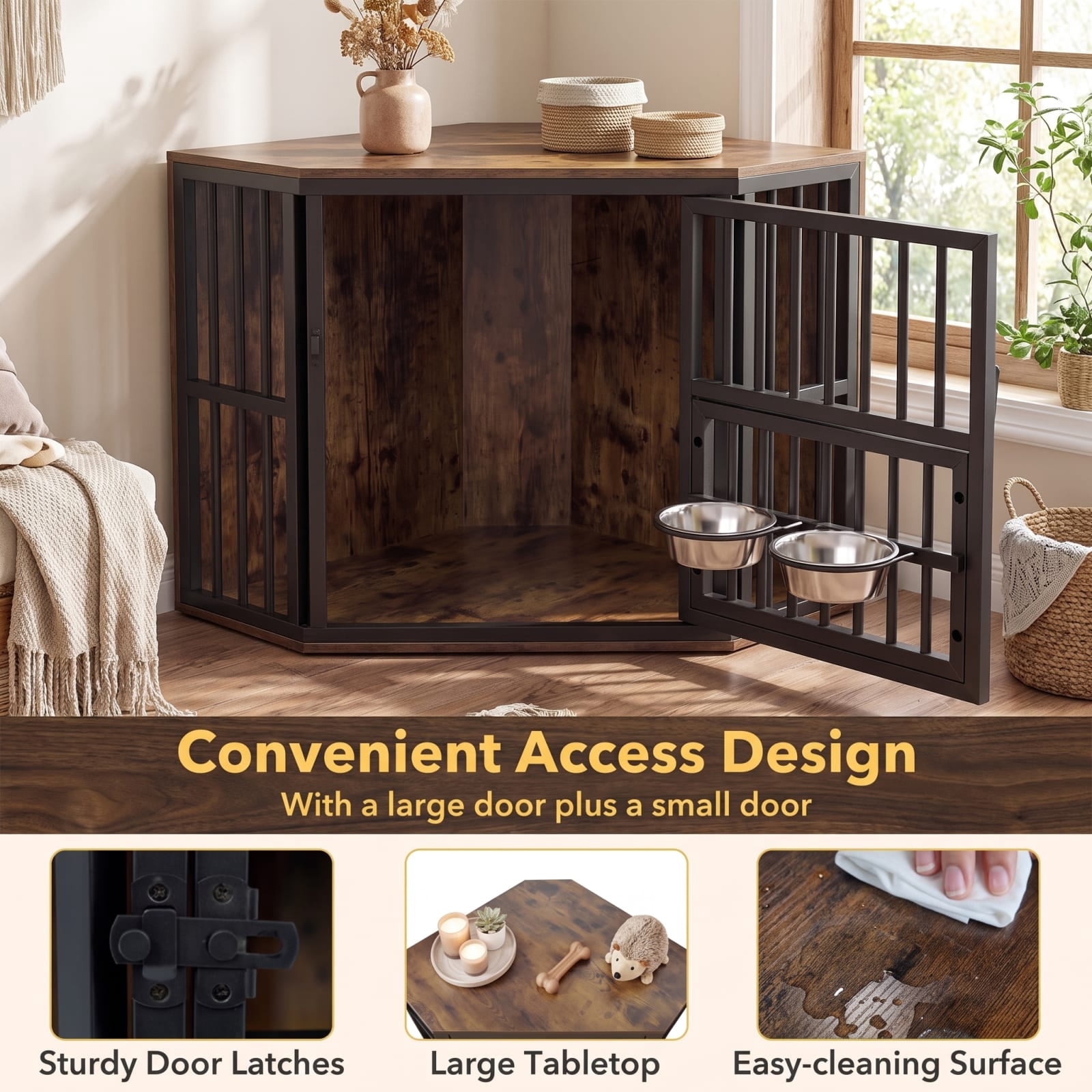 Vebreda Dog Crate Furniture, 35.5 inches Wooden Dog Kennel End Table with 3-Position Dog Bowl Rack, Space-Fit Corner Shape Design