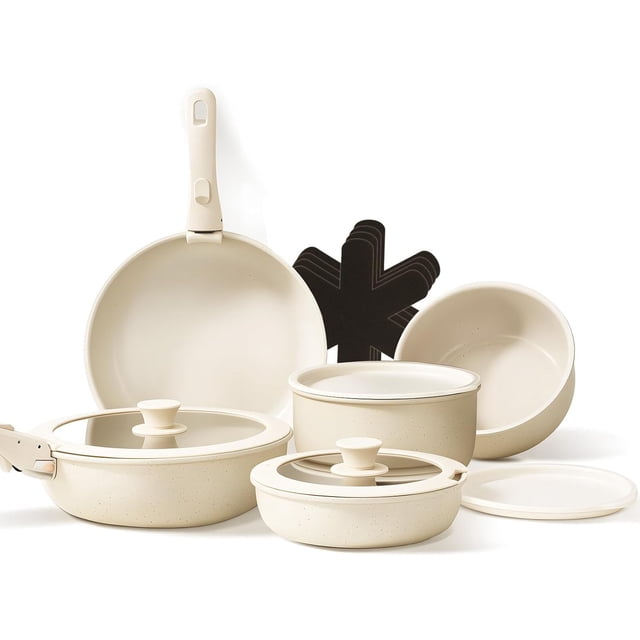 OSLIFE Batería de Cocina Ceramica de 15 Piezas con Mango Desmontable y Tapa, Juego de Ollas y Sartenes Antiadherentes con Alfombrilla para Sartén