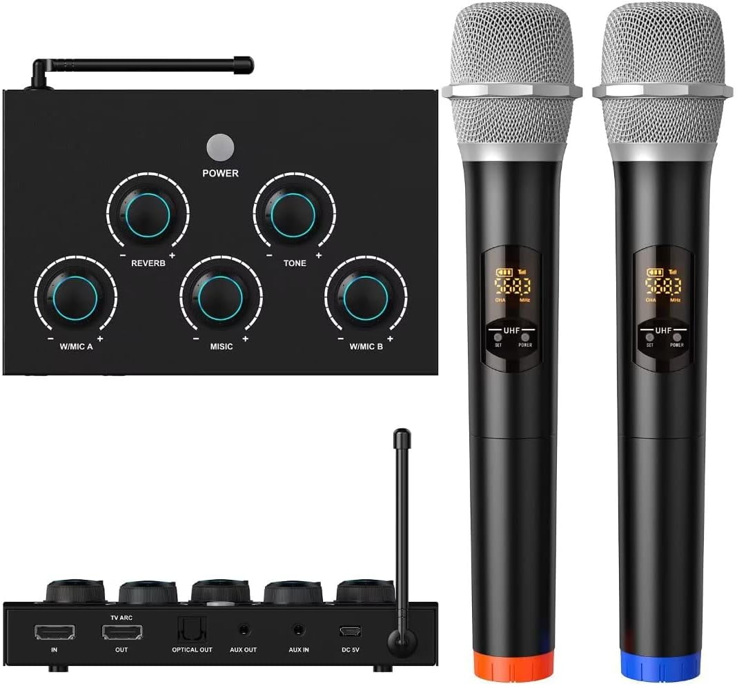 Rybozen Portable Karaoke Microphone Mixer System Set with Dual UHF Wireless, Black